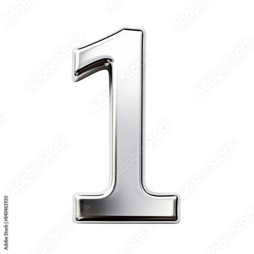 3D rendering of silver metal number 1on cut-out white background, transparent PNG cutout cliparts photo