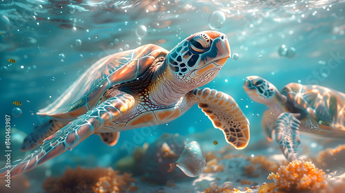 A vibrant nature sea landscape with sea turtles gliding through the water