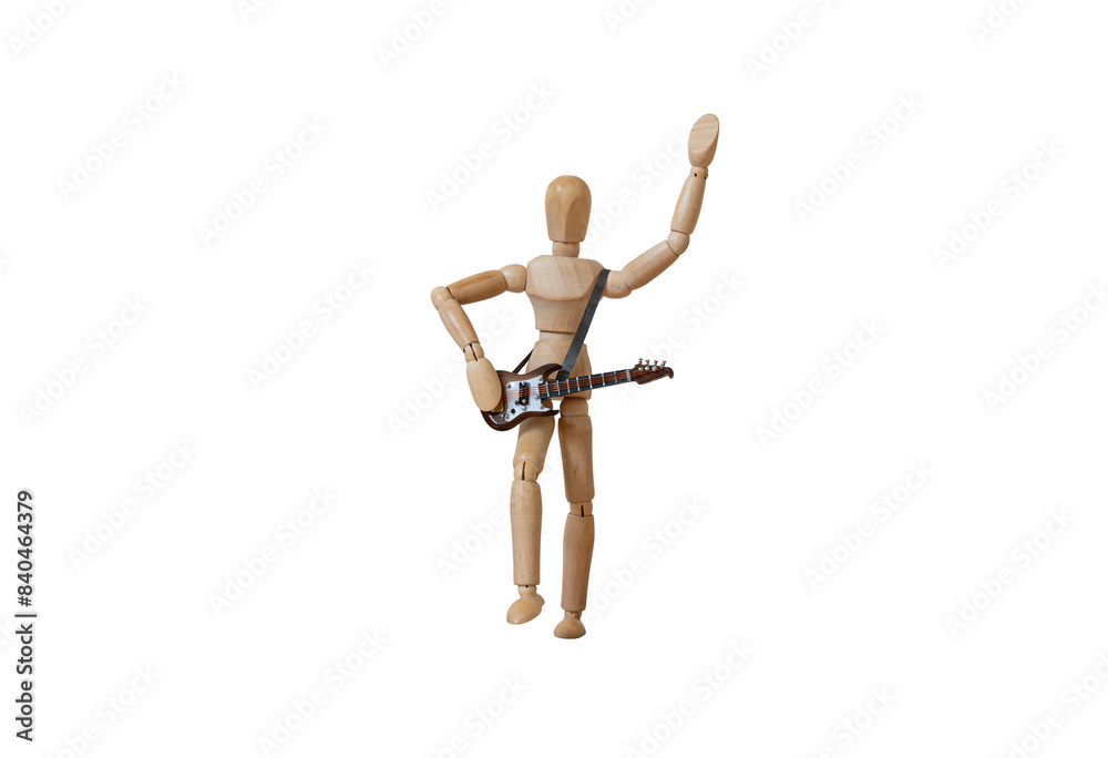 Live guitar music concept. Wooden mannequin playing an electric guitar with one arm raised, isolated on a transparent or white background. Rock music concert performance Live guitar music concept. Wooden mannequin playing an electric guitar with one arm raised, isolated on a transparent or white background. Rock music concert performance