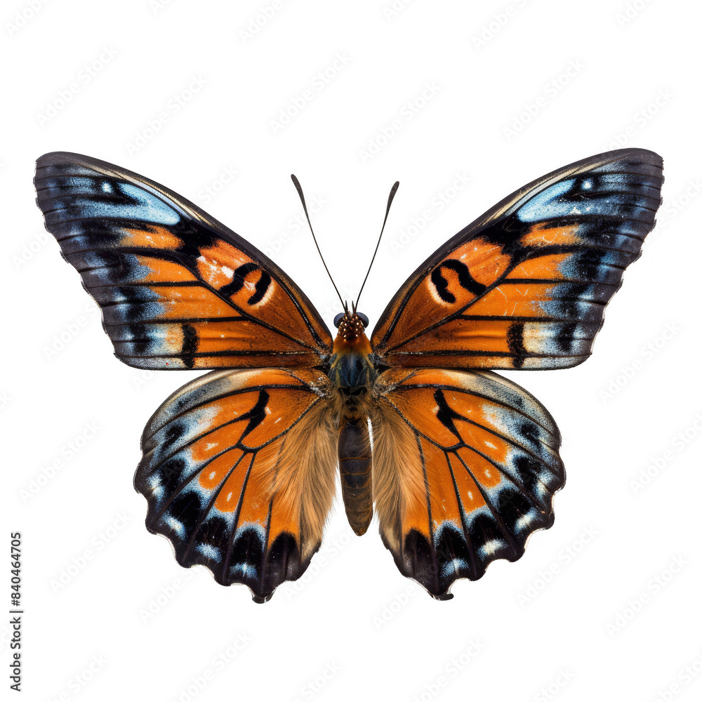 Fototapeta premium A beautiful orange and black butterfly with a blue spot on its wings.on cut-out white background, transparent PNG cutout cliparts