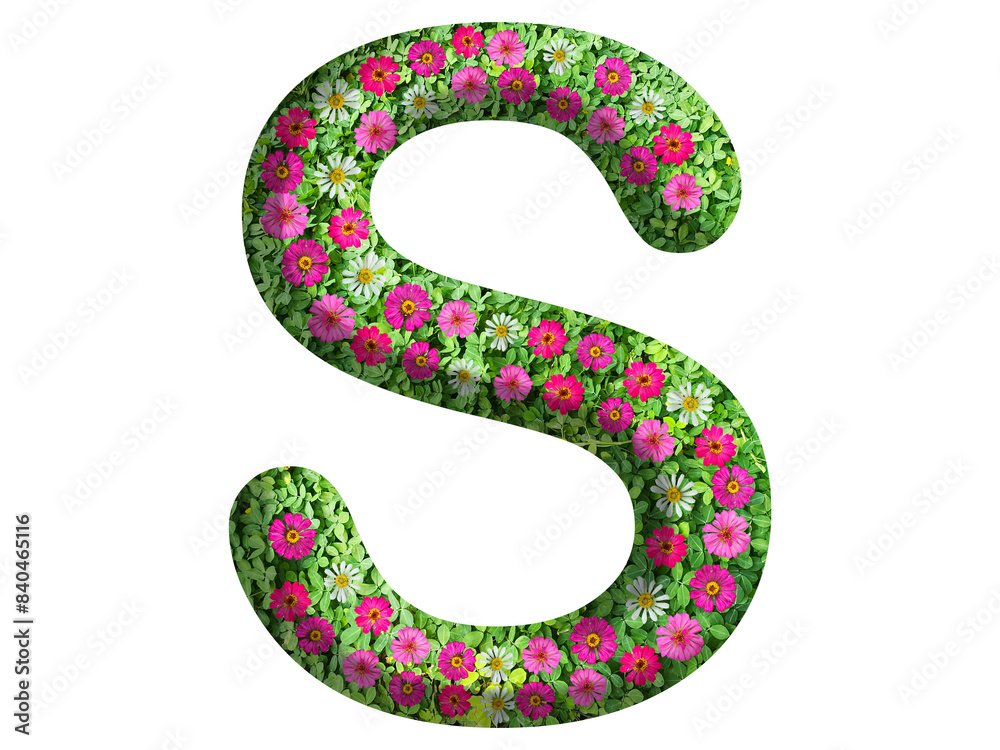 Naklejka premium 3d of alphabet S, design made from flowers, leaves and green grass on transparent background
