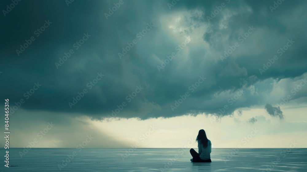 A woman sits alone on the ocean, facing away from the camera, as a large, dark storm cloud hangs above her. The sky is dark and ominous, with glimpses of sunlight breaking through the clouds