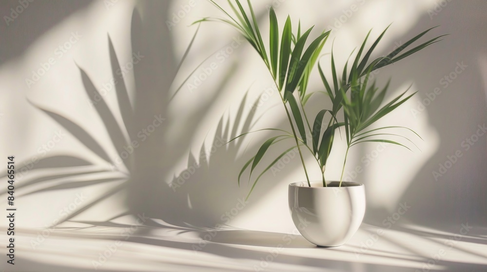 A single potted plant with green leaves casts a shadow on a white wall A single potted plant with green leaves casts a shadow on a white wall