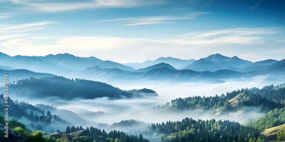 Majestic Misty Mountains Framed by Dense Coniferous Forests. Concept Mountain Landscapes, Misty Atmosphere, Coniferous Forests, Majestic Scenery