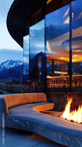 outdoor seating  terrace and bar with fireplace in front of the hotel facade  glass walls on one side overlooking mountains at night  curved sofa in light wood around the fire pit