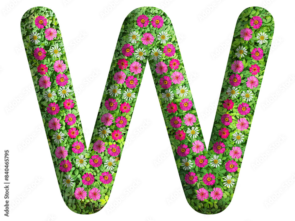 3d of alphabet W, design made from flowers, leaves and green grass on transparent background