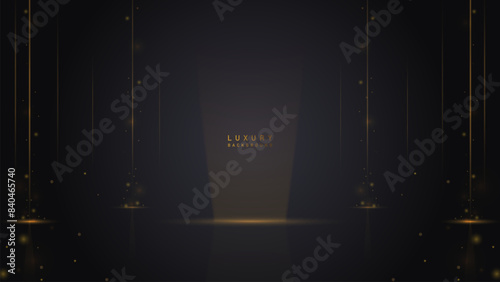 Luxury shiny gold line with spotlight lamp on black background. Vector illustration background