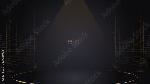 Luxury gold line podium award with spotlight lamp on black background. Vector illustration background