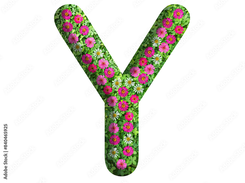 3d of alphabet Y, design made from flowers, leaves and green grass on transparent background