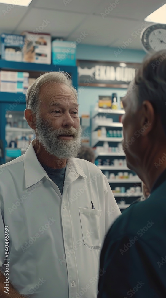 A man talks to a pharmacist in a pharmacy. The pharmacist wears a white shirt and has a beard. The shelves behind them are stocked with various medications A man talks to a pharmacist in a pharmacy. The pharmacist wears a white shirt and has a beard. The shelves behind them are stocked with various medications
