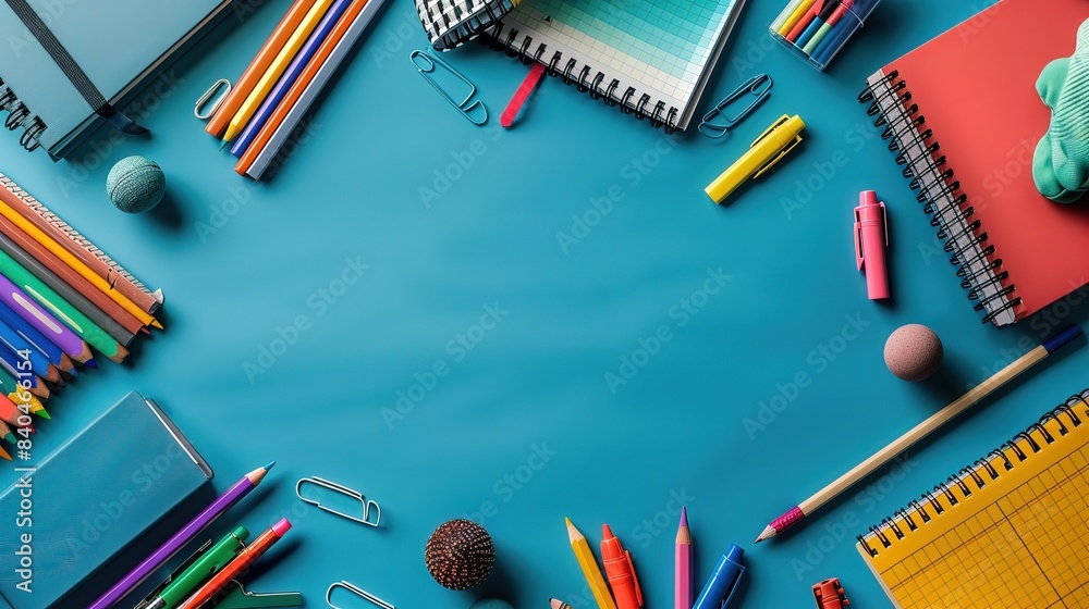 school books, pencils, markers and other accessories on blue background, copy space school books, pencils, markers and other accessories on blue background, copy space