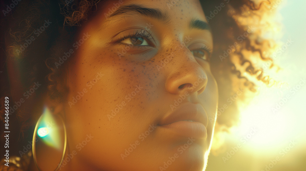Close-up of an African American woman with freckles, bathed in warm sunlight Close-up of an African American woman with freckles, bathed in warm sunlight