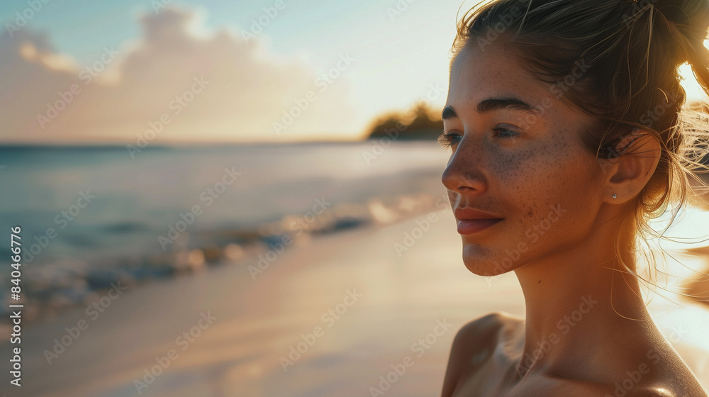 Serene beach portrait of a woman at sunset, close-up, with warm tones. Serene beach portrait of a woman at sunset, close-up, with warm tones.