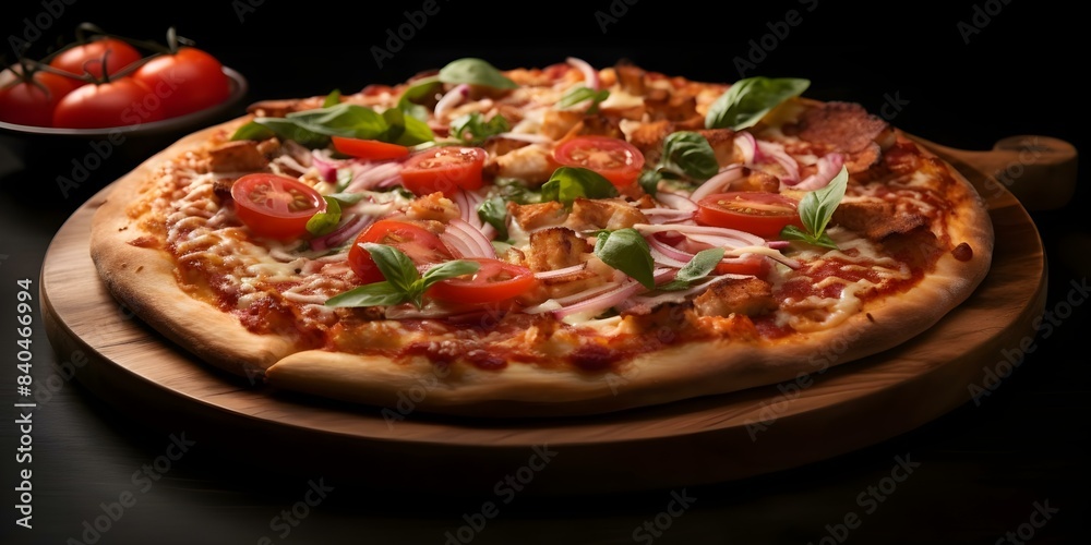 Pizza on a wooden plate set against a white backdrop. Concept Food Photography, Italian Cuisine, Rustic Presentation, Minimalist Backgrounds