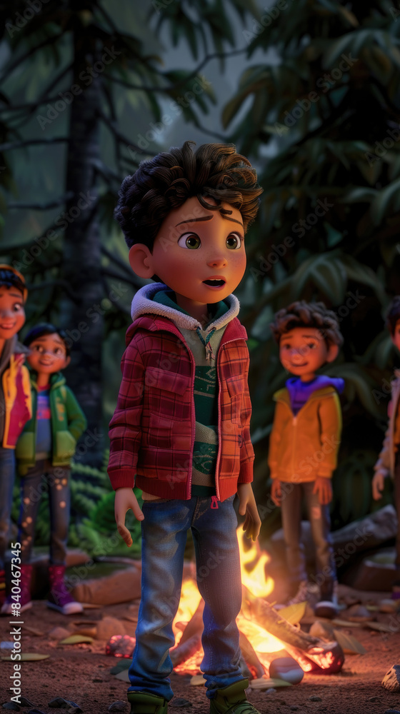 An animated boy in a red jacket stands by a campfire in a forest, looking surprised. Other animated characters can be seen in the background An animated boy in a red jacket stands by a campfire in a forest, looking surprised. Other animated characters can be seen in the background
