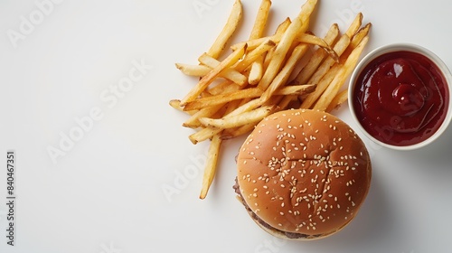 Fast food on a white background, with fries and a burger in a top view.