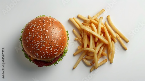 Fast food on a white background, with fries and a burger in a top view.