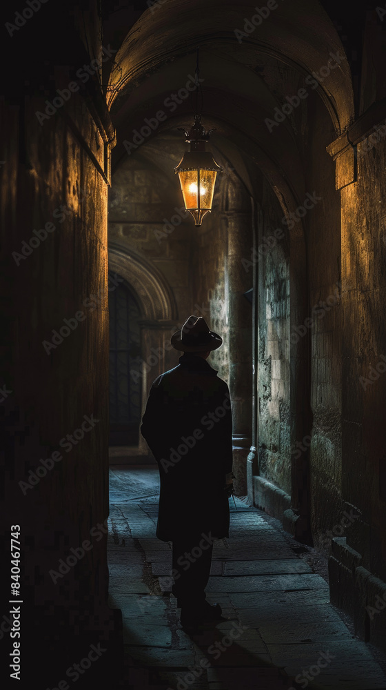 A person walks alone in a dark alleyway illuminated by a single street lamp A person walks alone in a dark alleyway illuminated by a single street lamp