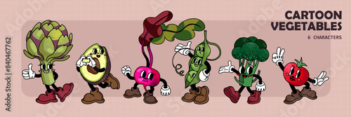 Vegetables characters in funny 30s style. Cartoon food in retro style with line. Doodle artichoke, green peas, avocado, tomato, beets and broccoli with boots and white gloves.