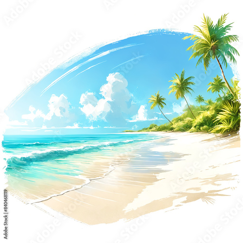 A tropical beach scene with palm trees in the background. The beach is filled with waves crashing onto the shore  creating a serene and relaxing atmosphere.