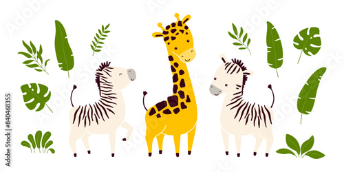 Vector set of sticker illustrations of cute African animals zebra and giraffe and tropical leaves isolated on white background