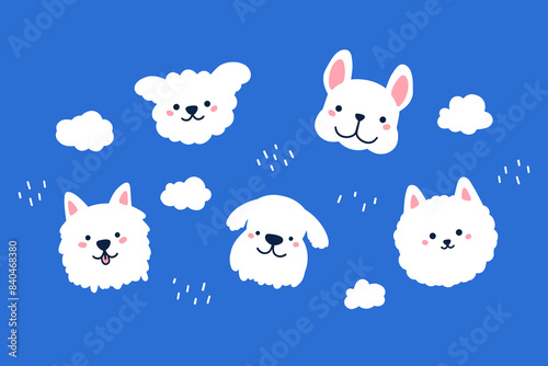 Vector set of illustrations. Faces of cute white dogs and clouds isolated on blue background