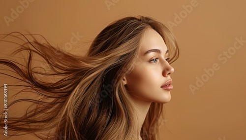 Beautiful woman with long hair, closeup of her face and body, hair blowing in the wind, brown background, beauty salon ad, hair product advertisement