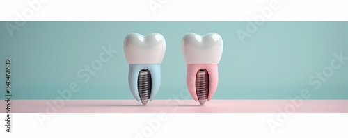 Two dental implant models with blue and pink bases on a pastel background  illustrating modern dental technology and care.
