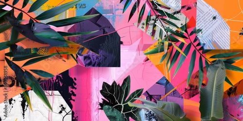 Abstract Geometric Shapes And Lush Tropical Foliage In A Vibrant Collage