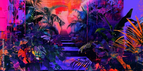 Holographic Neon Lights Illuminate Tropical Stairway