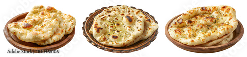 Set of indian naan bread in plate, on transparent background