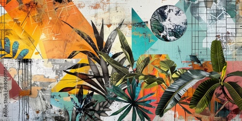 Abstract Tropical Landscape With Geometric Shapes And Lush Greenery