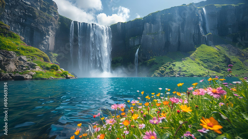 Fototapeta Naklejka Na Ścianę i Meble -  A vibrant nature waterfall landscape with wildflowers blooming along the rocky cliffs