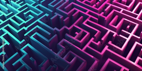 Abstract 3D Digital Maze Pattern in Teal and Purple