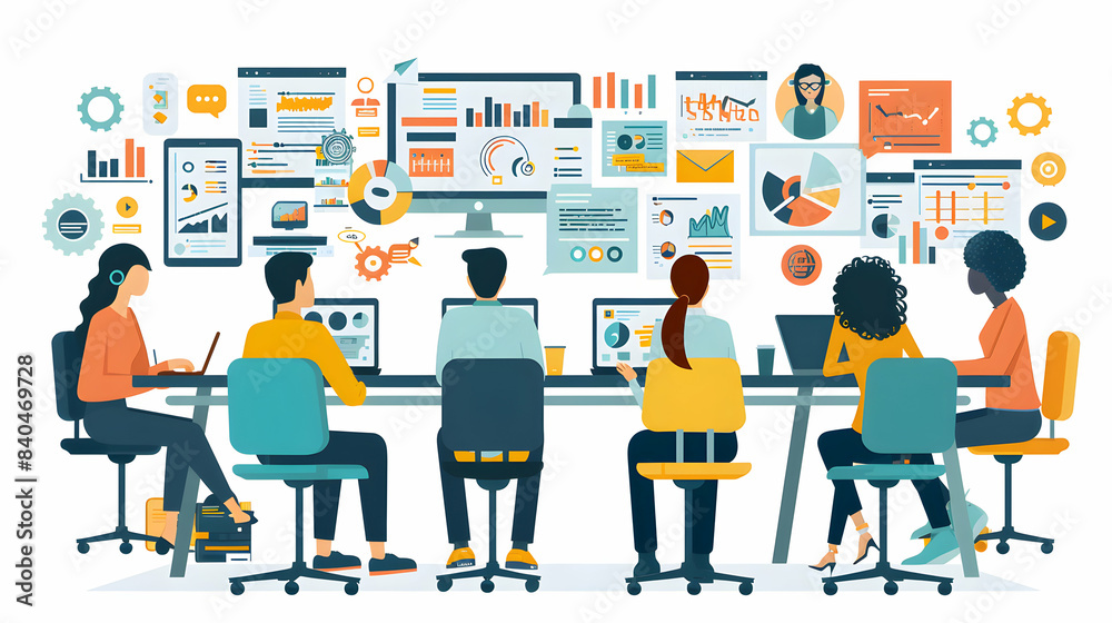 Photo Realistic Concept: Product Team Collaboration on New Features with Laptops and Digital Tools in Vectored Illustration using 8 Color Palette for Innovation Photo Realistic Concept: Product Team Collaboration on New Features with Laptops and Digital Tools in Vectored Illustration using 8 Color Palette for Innovation