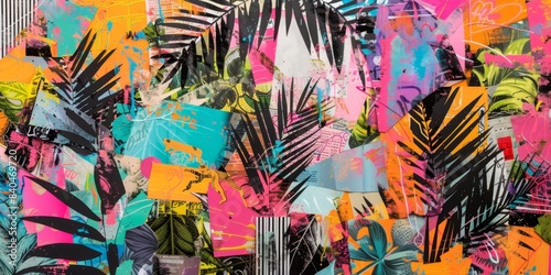 Vibrant Collage of Tropical Palm Leaves and Urban Graffiti