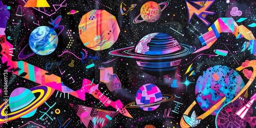 Abstract Cosmic Collage With Vibrant Planets and Stars