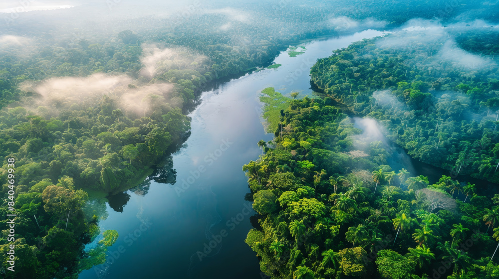 Aerial view of Amazon rainforest and river with misty morning atmosphere Aerial view of Amazon rainforest and river with misty morning atmosphere