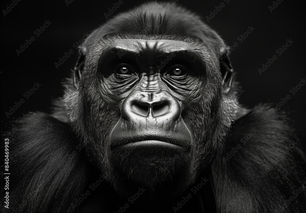 Fototapeta premium A close up portrait face of a powerful dominant male gorilla on black background, beautiful Portrait of a Gorilla male, severe silver back, anthropoid ape, stern face, isolated black background