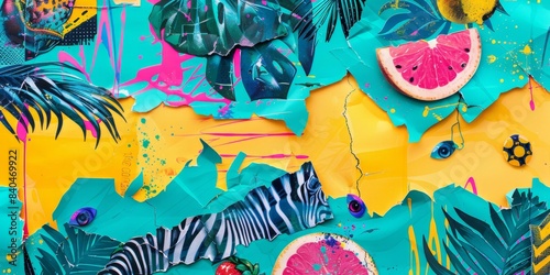 Vibrant Tropical Collage Featuring Torn Paper, Zebra Stripes, and Fruit