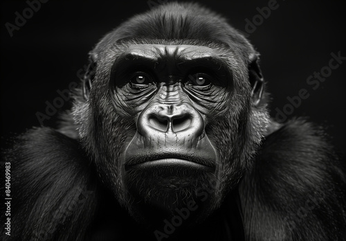 A close up portrait face of a powerful dominant male gorilla on black background, beautiful Portrait of a Gorilla male, severe silver back, anthropoid ape, stern face, isolated black background © Sunshine Studio