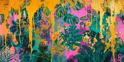 Abstract Jungle Collage With Dripping Gold Paint