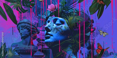 A Surreal Collage of a Womans Face Amidst Pink Drips and Lush Greenery