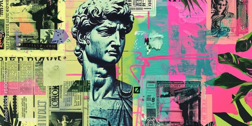 A Nostalgic Collage of Futuristic Newspaper Fragments and Classic Sculpture