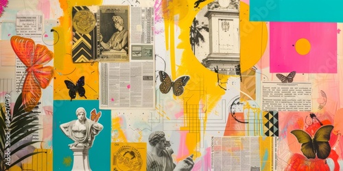 A Colorful Collage Featuring Butterflies, Statues, and Newspaper Fragments