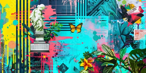 Vibrant Collage Featuring a Statue, Butterfly, and Tropical Plants