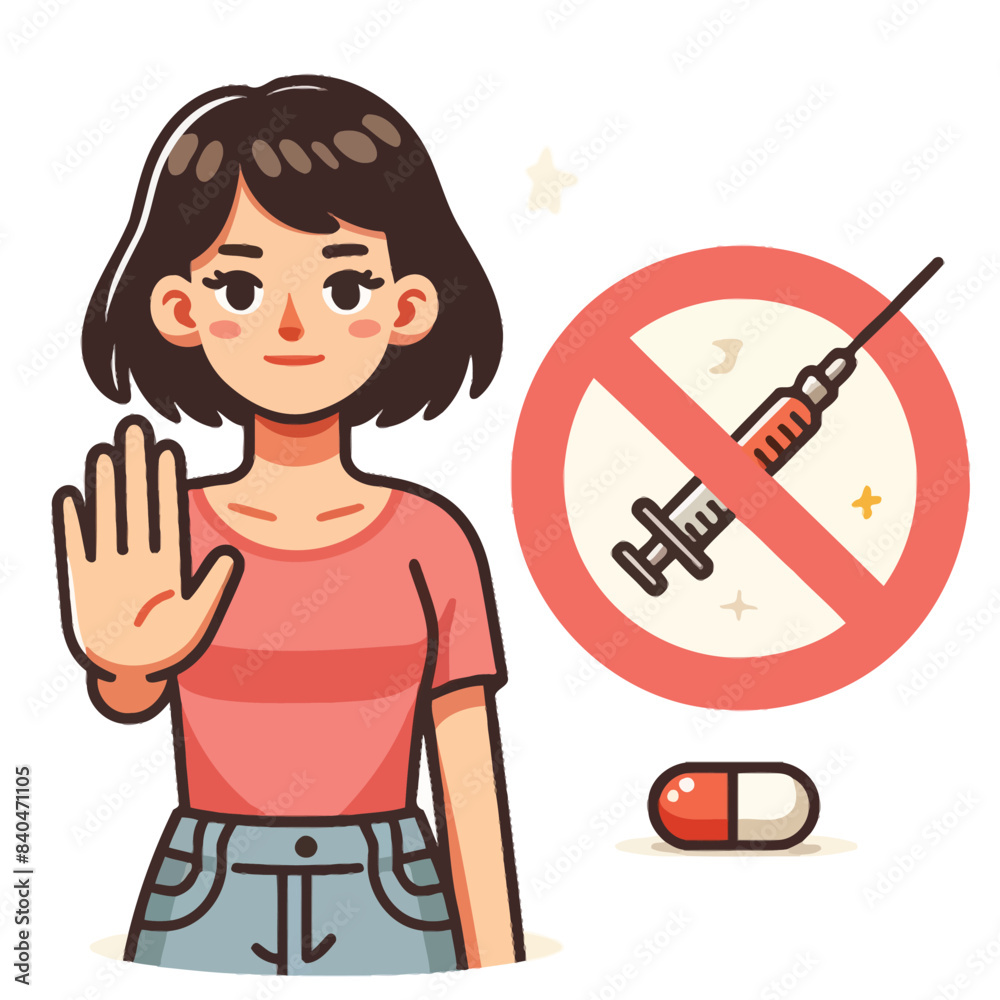 Cartoon of a woman saying no to drugs Cartoon of a woman saying no to drugs