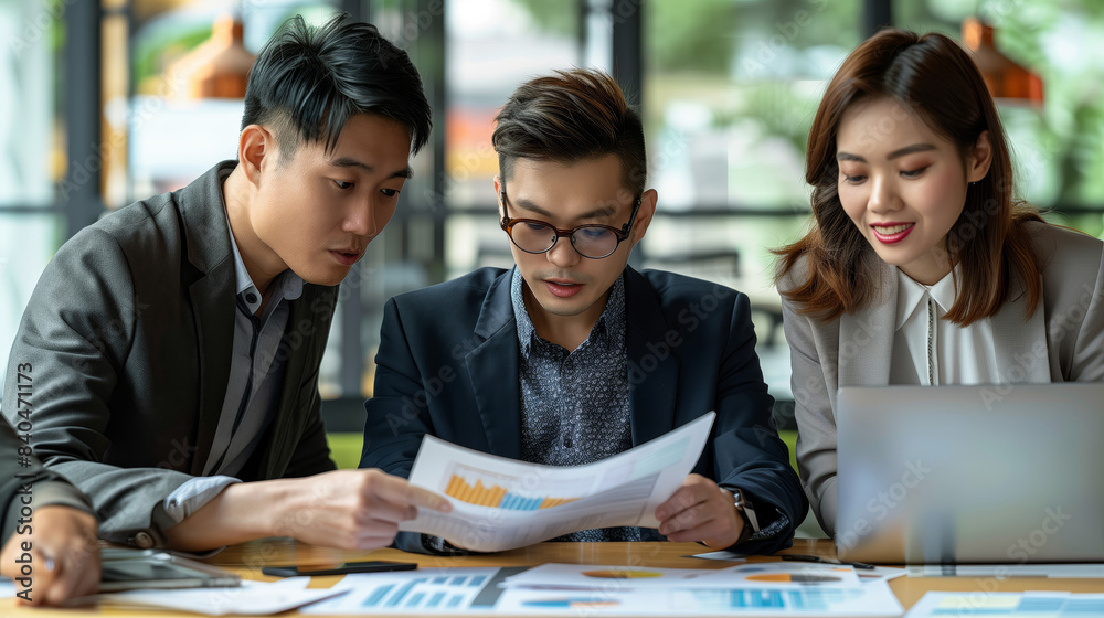 Financial advisors discussing business reports in an office setting Financial advisors discussing business reports in an office setting