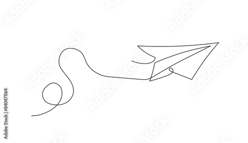 One continuous line drawing of origami paper plane flying. Flat design. White background. Single line draw design vector illustration