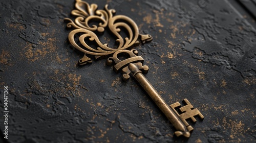 A golden key lies on a black leather book © ปรัชญา ตอพรม ตอพรม
